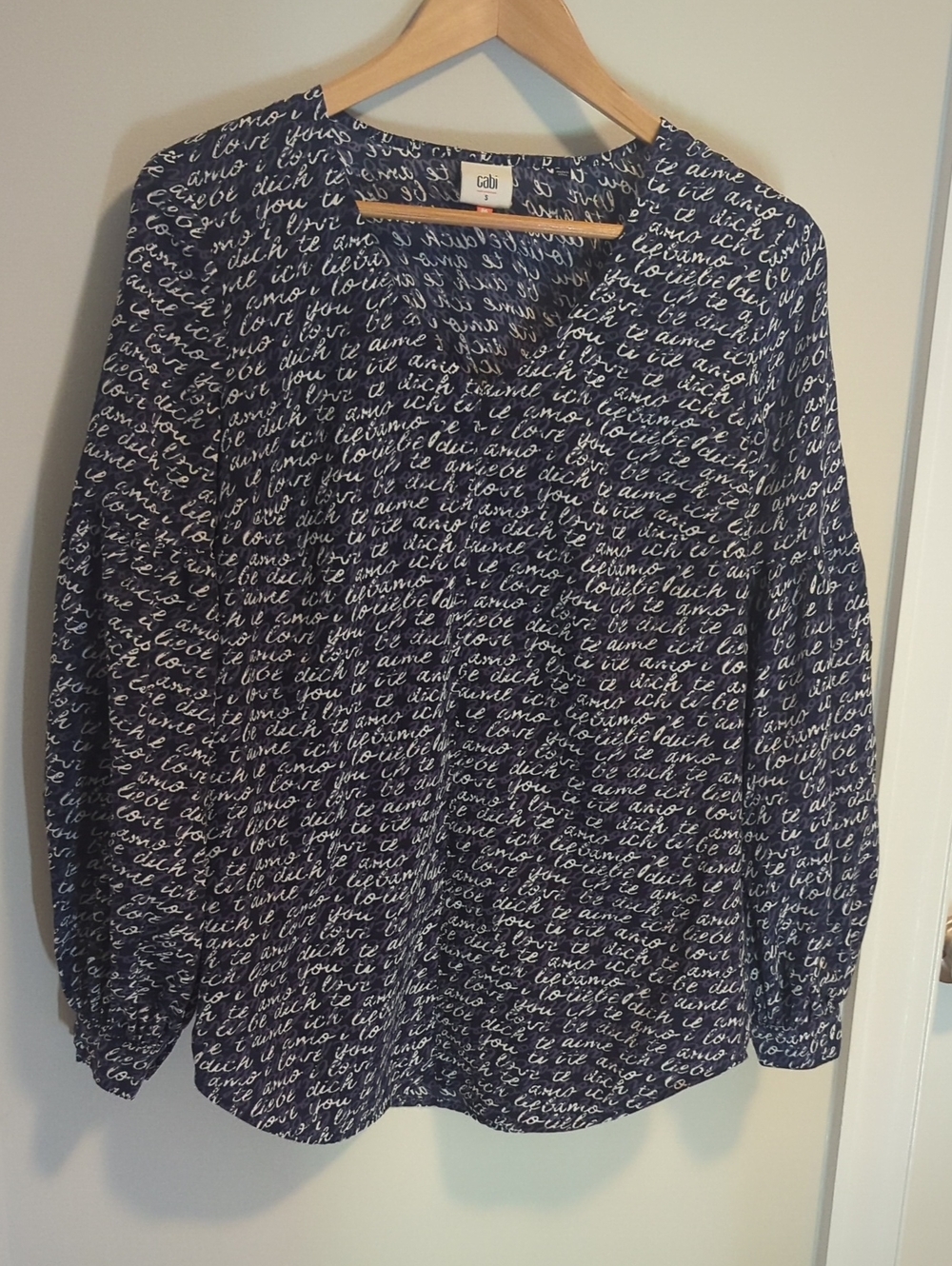 CAbi Purple Script Print V-Neck Button-Front Blouse